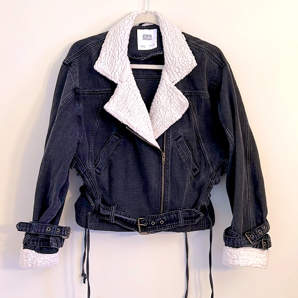 Zara Sherpa Denim Moto Jacket